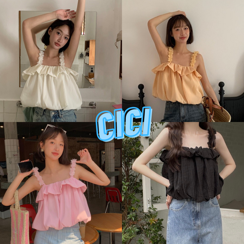 ส่งทันที Cici(NO. WK899)สายเดี่ยวดีเทลตรงสายเป็นดอกกุหลาบ คอระบาย ทรงบอลลูนสีพื้น แฟชั่นสายหวาน