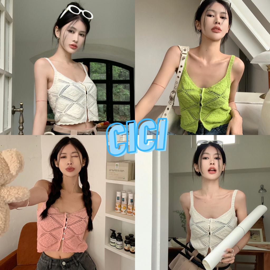 Cici(NO.1543)เสื้อสายเดี่ยว ทรงครอปสีพื้น ดีเทลกระดุมแหวกหน้า ผ้าใส่สบาย