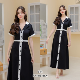 (S-XL) เดรสยาวคอปกสไตล์มินิมอล ติดกระดุมหน้า สีดำ IFY1183