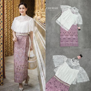 CHERISH XS  S  M  L XL 3 ชิ้น เสื้อลูกไม้เนื้อผ้า ใส่คู่ผ้าถุงสำเร็จ จัดเข็มขัดมุก