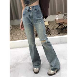 กางเกงยีนส์ขาม้า HIGH WAISTED BOOT CUT RIPPED DENIM PANTS