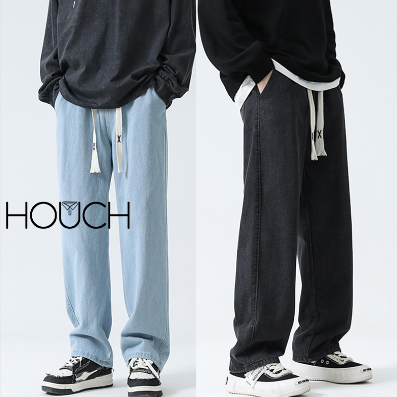 Houch พร้อมส่ง COD กางเกงยีนส์ผู้ชาย เอวยางยืด เท่ๆสไตล์เกาหลีทรงช่าง ทรงลุง ทรงกระบอก