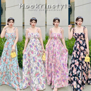 🍑Mookrinstyle🍑เดรสยาวลายดอก เดรสผูกไหล่ ไปทะเล ชุดไปเที่ยว แม็กซี่เดรสยาว maxidress