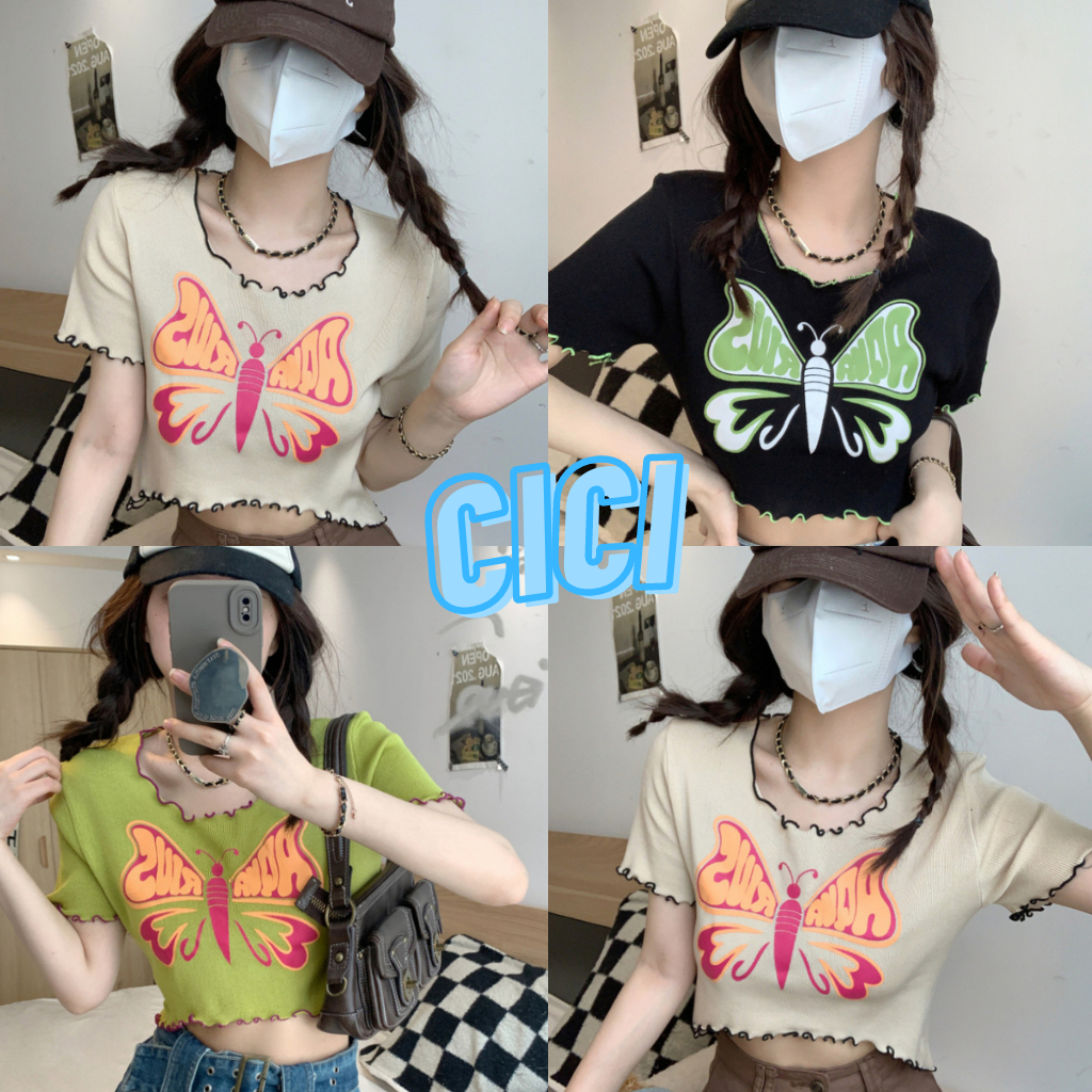 Cici(NO.J0890)เสื้อครอปไหมพรมแขนสั้น พิมพ์ลายbutterfly สุดเก๋ แมทซ์ง่ายกับทุกลุค