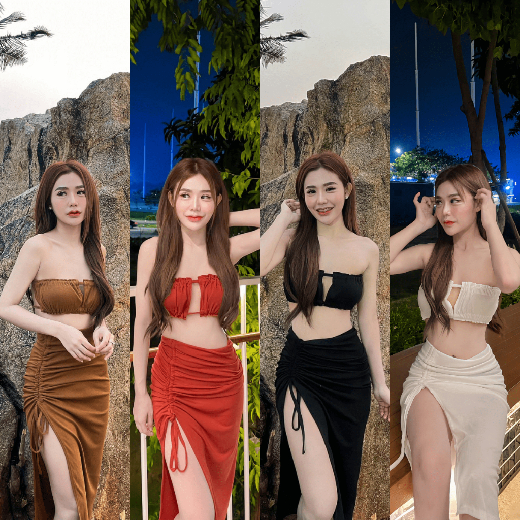 SpinnyHouse เชต2 ชิ้น แซบเวอร์ เกาะอก + กระโปรงรูดข้าง ผ้าร่องไฮโซ Sexyเต็ม10 ใส่ชิลลล Set zab 2ชิ้น L102C