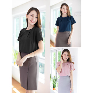 Narinari : NT1714 Round Neck Folded Front Blouse เสื้อทำงาน (ใช้โค้ด NARISP9 ลดทันที 65.- เมื่อช็อปครบ 500.-)