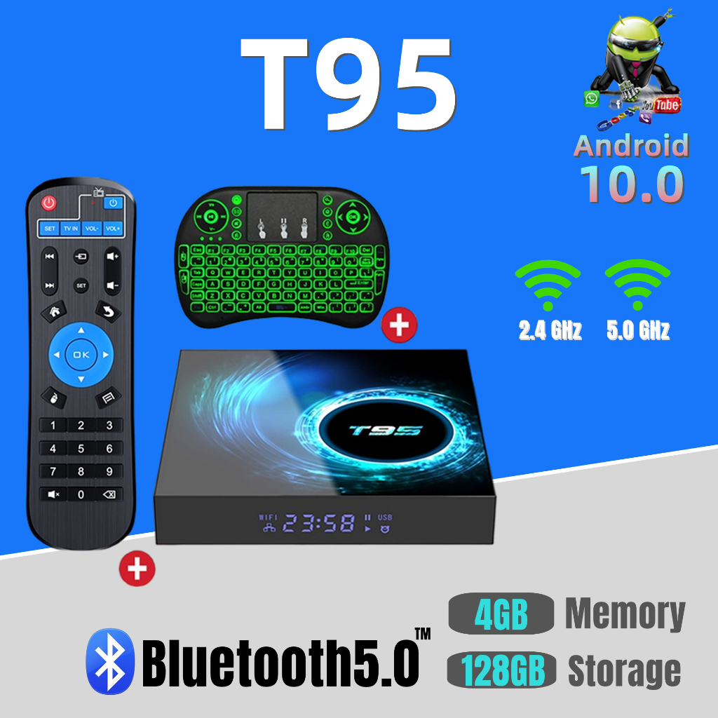 T95 สมาร์ททีวีกล่อง Android 10.0 ดูหนังฟรี 2.4G + 5GWIFI ไม่มีบลูทู ธ รายเดือน 5.0 6K H616 แรม 4G รอม 128G
