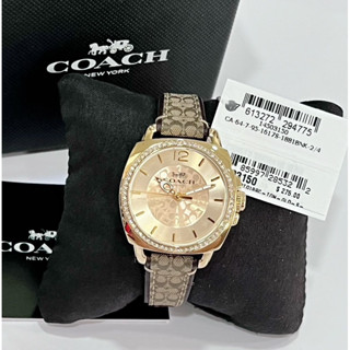 พร้อมส่ง แท้ 💯% COACH (14503150)BOYFRIEND BROWN SIGNATURE LEATHER GOLD STEEL PAVE WOMENS WATCH