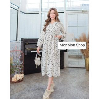 ~MONMONSHOP👗MON6788~  แม็กซี่เดรสพิมพ์ลายดอกไม้ ทรงป้าย ช่วงเอวสามารถผูกได้ แต่งกระเป๋าด้านข้าง