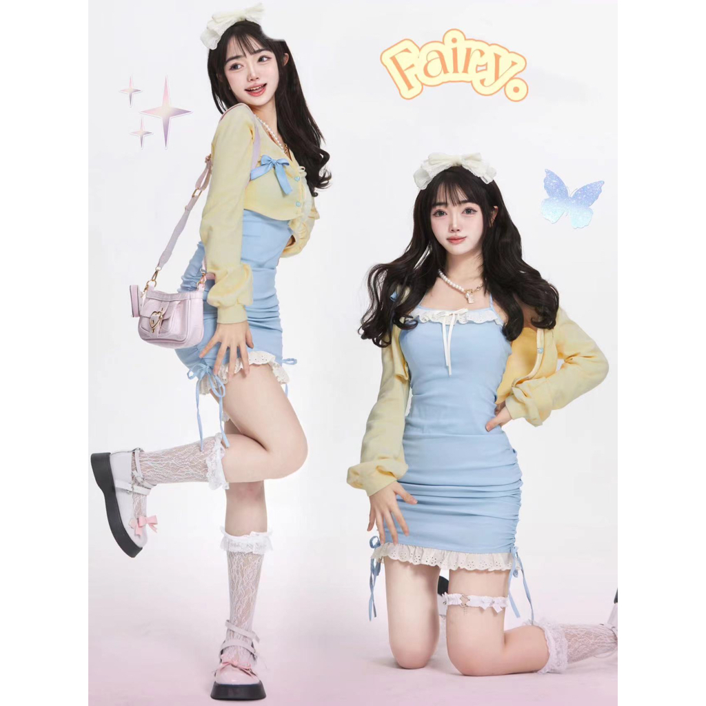 Fairy🍒ชุดเซ็ทเสื้อสายเดี่ยว กระโ กระโปรงฮิป เสื้อคาร์ดิแกน 2 ชิ้น สไตล์หวานใสน่ารัก - รูปที่ 2
