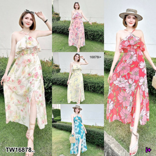 16878 เดรสยาว มีระบายอก แขนกุด สายปรับได้ กระโปรงผ่าหน้า Long dress with ruffles, adjustable straps, front slit skirt.