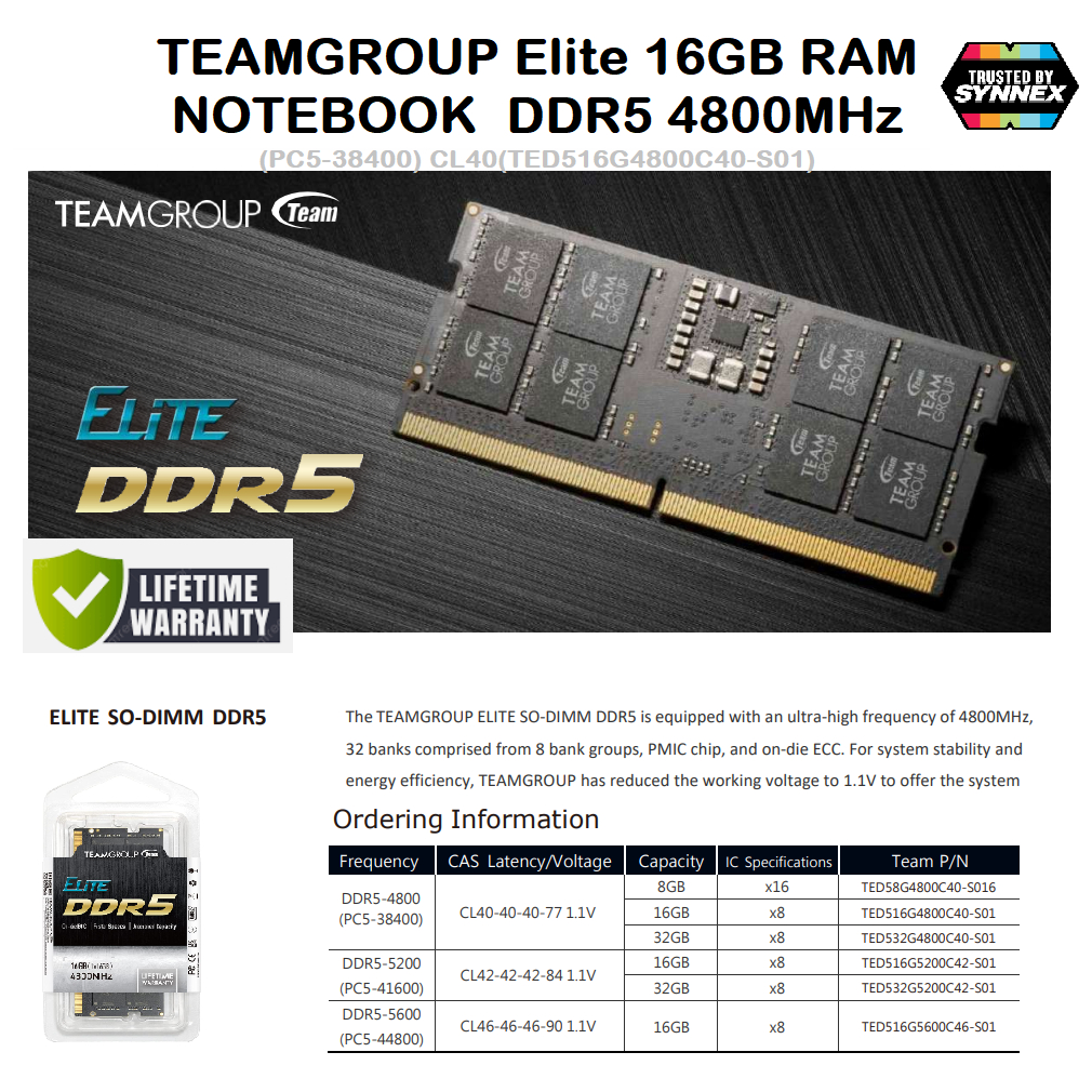 TEAMGROUP Elite 16GB RAM NOTEBOOK (แรมโน้ตบุ๊ค) DDR5 4800MHz (PC5-38400) CL40(TED516G4800C40-S01)-Li