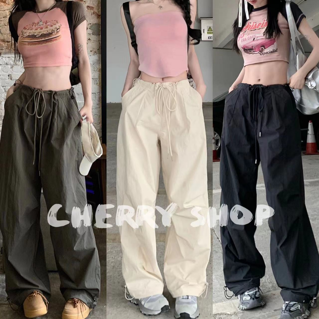 ซื้อ cherryshop พร้อมส่ง🔥กางเกงลำลอง🍓กางเกงคาร์โก้แบบมีเชือกรูดย้อนยุคสไตล์อเมริกัน