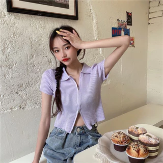 พร้อมส่ง💗เสื้อคอปกแขนสั้นไหมพรม ซิปรูดได้ทั้งบนและล่าง​