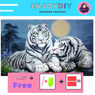 ครอสติสคริสตัล 5d diy diamond painting แบบเม็ด ลาย เสือขาวคู่ ติดเต็ม เม็ดกลม EnjoyDIY พร้อมส่งจากไทย