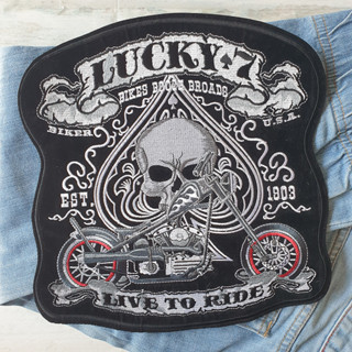 อาร์มปัก แผ่นรีดติดเสื้อ หัวกะโหลก ตัวรีดติดเสื้อ ขนาดใหญ่ สไตล์ Biker Embroidered Iron on Patch