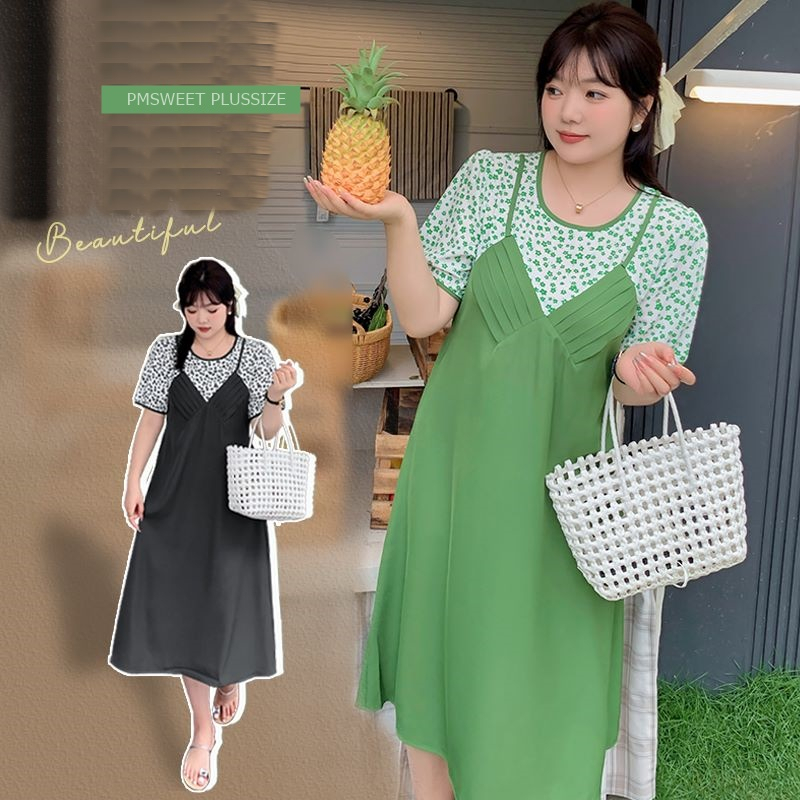 [ 🔥อกถึง 51" ] : PMP2163 : พรีออเดอร์ เสื้อผ้าไซส์ใหญ่ คนอ้วน สาวอวบ ชุดเดรสไซส์ใหญ่ เดรสสีเขียว ลาย