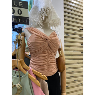 🎉เสื้อเกาหลีผ้ามุ้งยืดหยุ่น สีพาสเทล กลางอกไขว้ ลำตัวจับจีบย่นๆ มีฟองน้ำอก ติดซิบหลัง