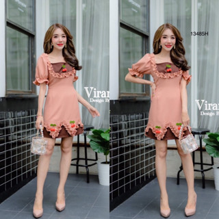 MM13485 เดรสสั้นแขนพอง อกและชายแต่งระบายจับจีบ ติดเชอร์รี่ตุ้งติ้ง Short dress, puffy sleeves, chest and hem decorated