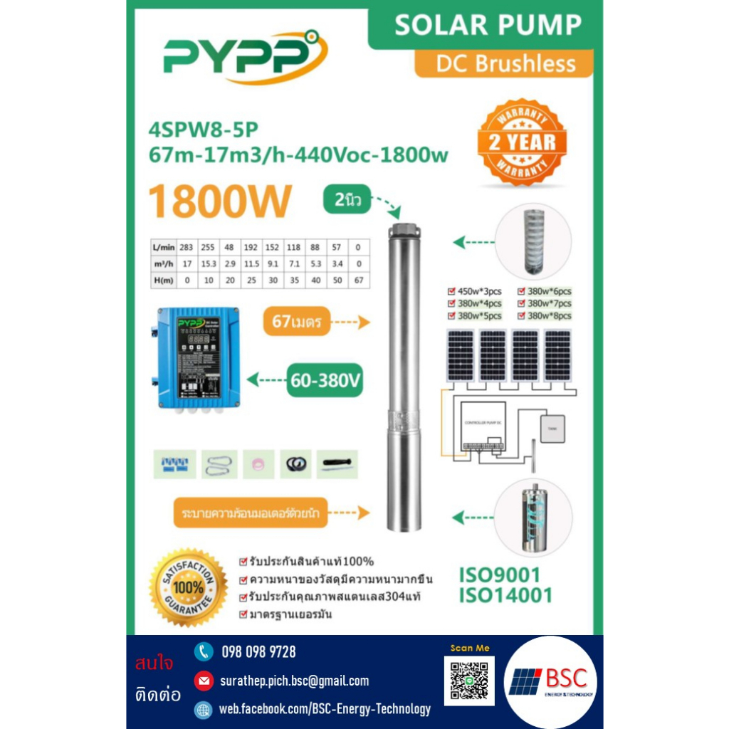 ปั๊มบาดาลโซลาร์เซลล์ 1800W(2 แรง) ขนาด 2 นิ้ว PYPP รุ่น DC 4SPW8-5P (67m-17m3/h-440Voc-1800w)