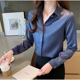 D015 เสื้อเชิ้ตซาตินเกรดพรีเมี่ยม คอแต่งกระดุมเพชร เป็นงานซ่อมกระดุม 20สี