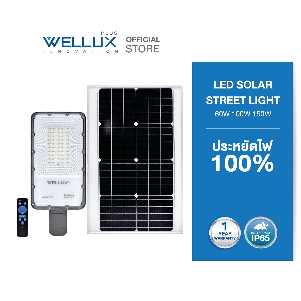 ใหม่ WELLUX โคมไฟถนนโซล่าเซลล์แบบแผงแยก10 พร้อมขายึด 60W 100W 150W แสงเดย์ LED SOLAR STREET LIGHT ไฟโซล่าและแผงโซล่า