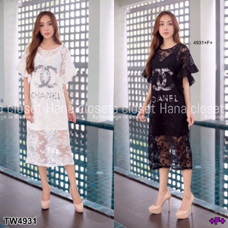 CS4931 Set สายเดี่ยวสกรีนchanel+เดรสลูกไม้ซีทรู Set of chanel screened straps+ see-through lace dress