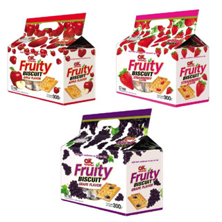 OK Fruity โอเคฟรุ๊ตตี้ บิสกิสรสผลไม้ ขนมปังอบกรอบ โรยหน้าผลไม้ มี 3 รสชาติให้เลือก