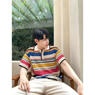 เสื้อคอปก แขนสั้น ลายริ้วฉลุรุ้ง สไตล์เกาหลี C43