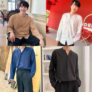 S13 เสื้อเชิ้ตคอวีตะเข็บ แขนยาว สีพื้น สไตล์เกาหลี