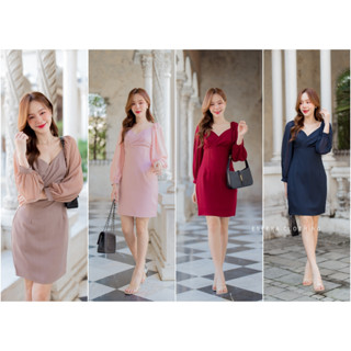 เดรสทำงาน เดรสแขนยาวผ้าชีฟอง ทรงเอวสูง อกไขว้จับจีบ ใส่ได้ทั้ง 2 แบบDR001-1 So Lady Dres