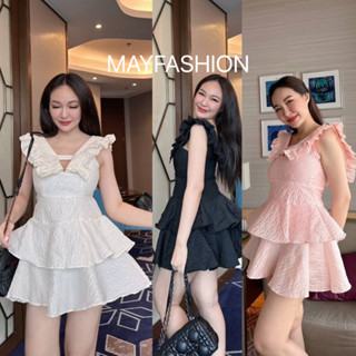 MAYFASHION เดรสสั้นแต่งคอปกแต่งระบาย ซิปหลัง กระโปรงบานพอง2ชั้น