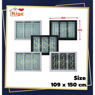 หน้าต่างบานเลื่อน 3 ช่องพร้อมเหล็กดัด*ลายใหม่* (#สีอบ Powder Coat#) 109x150 cm. [วงกบขอบใหญ่]/ ส่งไว สินค้าพร้อมส่ง