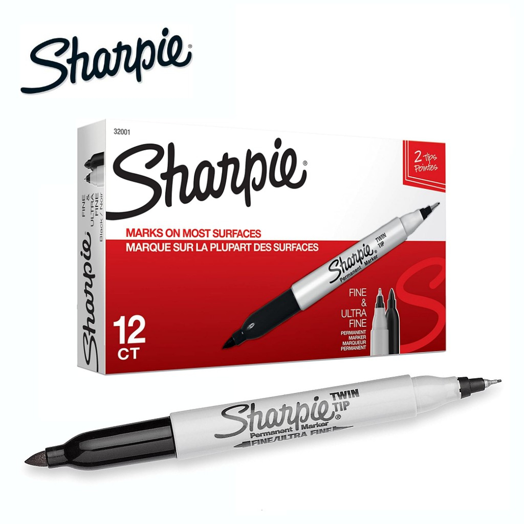 [ยกกล่อง]  ปากกามาร์คเกอร์ ชาร์ปี้ 2 หัว Sharpie Twin Tip ปากกาเคมี ชนิดถาวร 0.3mm & 1.0mm สีดำ จำนวน 12 ด้าม