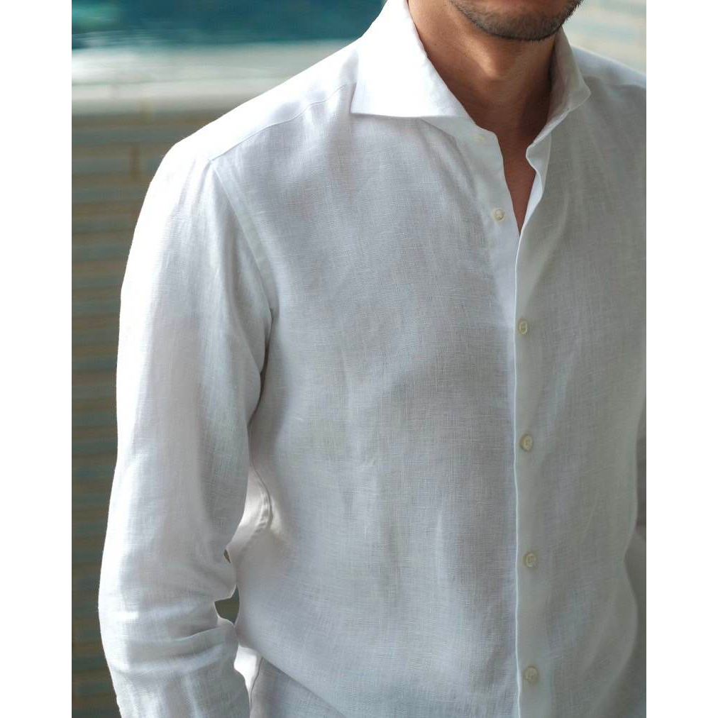 white linen cutaway collar long sleeve shirt เชิ้ตผ้าลินินสีขาวคอปีกนกแขนยาว ราคา ถูกที่สุด ดีลบีเคเค