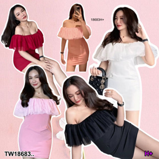 TwinsShopVip💗พร้อมส่ง TW18683 Dress เดรสสั้น เปิดไหล่ แต่งระบายมุ้ง ..