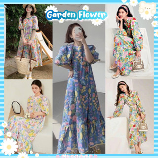 Flower Garden Dress มีหลายแบบ เดรสลายดอกไม้ คอกลม แต่งปลายกระโปรง เดรสทรงoversize แขนตุ๊กตา เดรสคอกลม งานป้ายypy