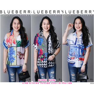 ์(อก46) B3995 BLUEBERRY NIGHTS  เสื้อเชิ้ตแขนสั้น ผ้าโพลิเอสเตอร์เบลนด์ พิมพ์ลายทั้งตัว