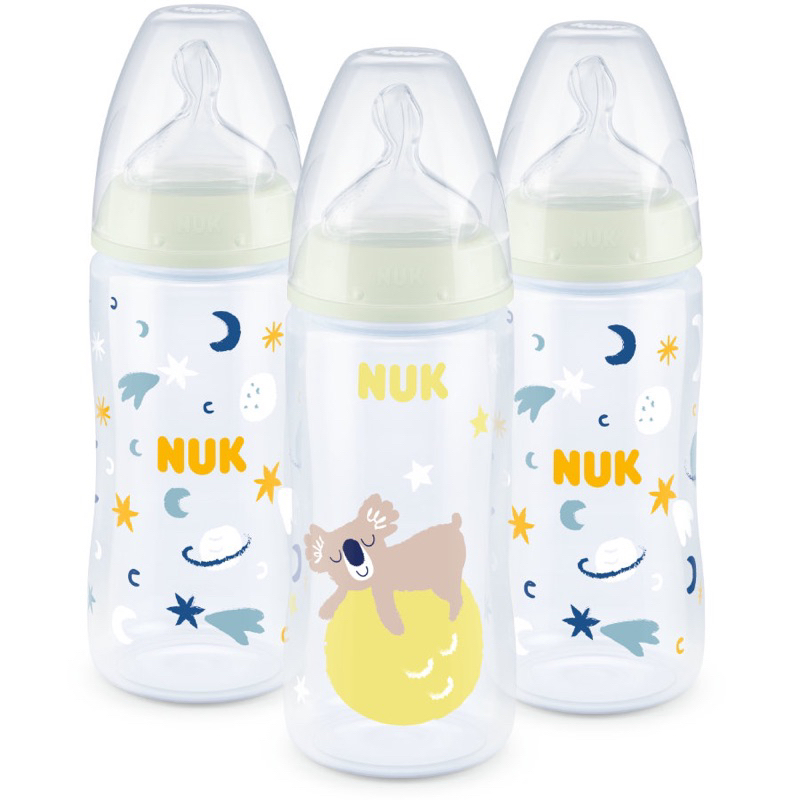 Bottle-feeding 320 บาท มาใหม่  พร้อมส่ง ขวดนม NUK 6-18 เดือน NUK First Choice+ Night Set 300ml แพค 3 ขวด เรืองแสงในที่มืด  และ NUK Classic Mom & Baby