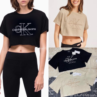 Calvin K crop top🤎🖤(330฿ฟรีส่ง) เสื้อยืดแขนสั้นทรงครอป โลโก้เป็นงานปักแบรนด์ดัง งานสวย ใส่ยังไงก็ไม่มีโป๊ะ ลายFont valen