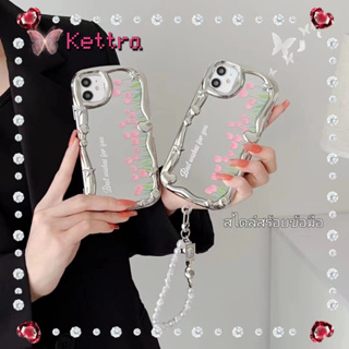 💜Kettra💜พื้นผิวกระจก สไตล์สร้อยข้อมือ 11 14 pro max ขอบเต็ม ป้องกันการหล่น เคสใส ดอกทิวลิป ดอกไม้ case for iPhone 12 13