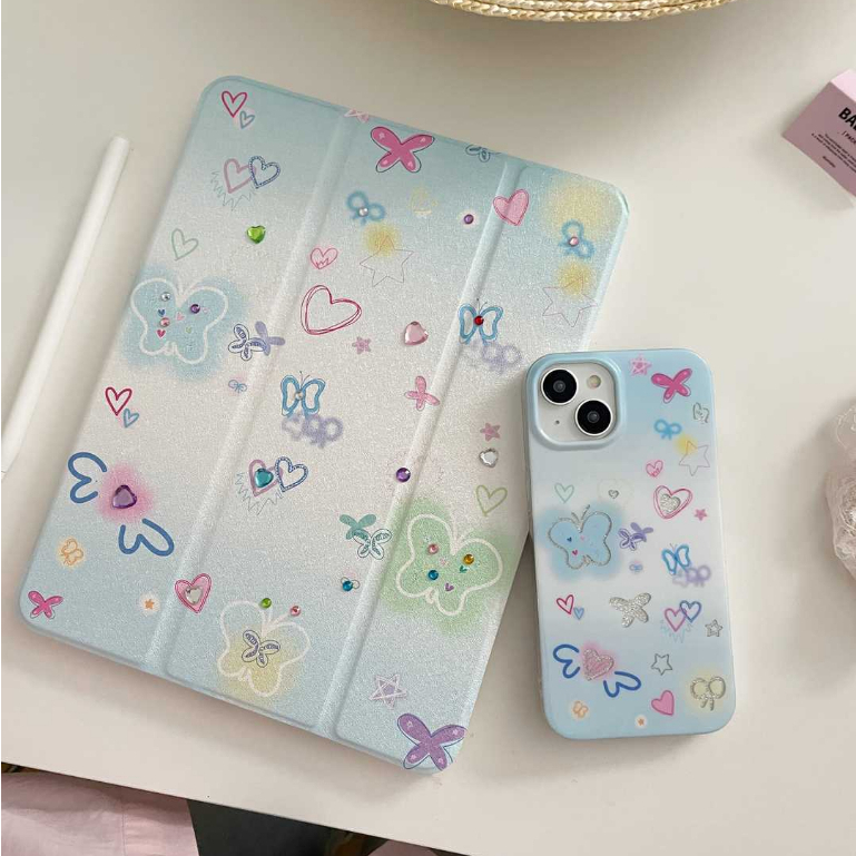 พร้อมส่ง เคสไอแพด Gen9 Air6 สีฟ้า Butterfly 2024 ช่องใส่ปากกาขวา Acrylic เคสiPad Pro11 2024 MINI7