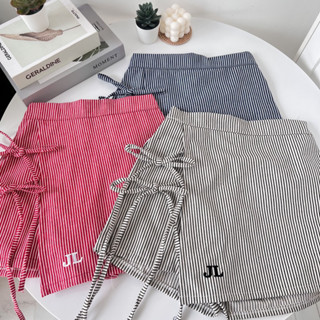 Jilalin.bkk🌷LaLa girl skirt✨กระโปรงกางเกง กระโปรงยีนส์ ผ้ายีนส์หนา เอวยางยืด กระโปรงผูกโบว์ กระโปรงลายริ้ว