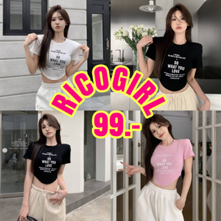 RICOGIRL เสื้อครอปแขนสั้น สกรีนลาย ผ้าร่องเข้ารูป #0049