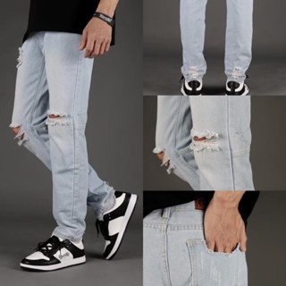 9%Clothing-ยีนส์ขายาวฟอกแต่งขาด กางเกงยีนส์ขายาวผู้ชาย กางเกงยีนส์ขายาวฟอก ยีนส์ขากระบอกเล็ก(Looker100%)