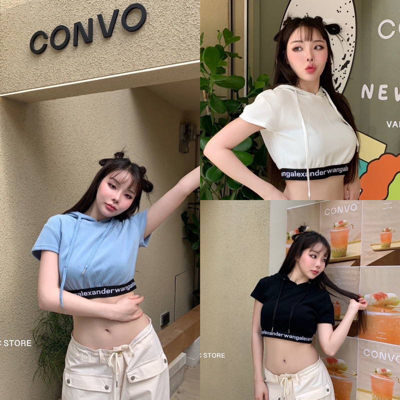 Alex crop hood”เสื้อครอปหมวกฮู้ด ดีเทลยางขอบแบรนด์ท่อแน่นไม่มีโป๊ะ ฮู้ดมีเชือกรูดปรับขนาด สวยเท่