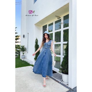 Widelia @ Real Maxi Dress แม็กซี่เดรสแขนกุด เนื้อผ้ายีนส์ ทรงคอวี