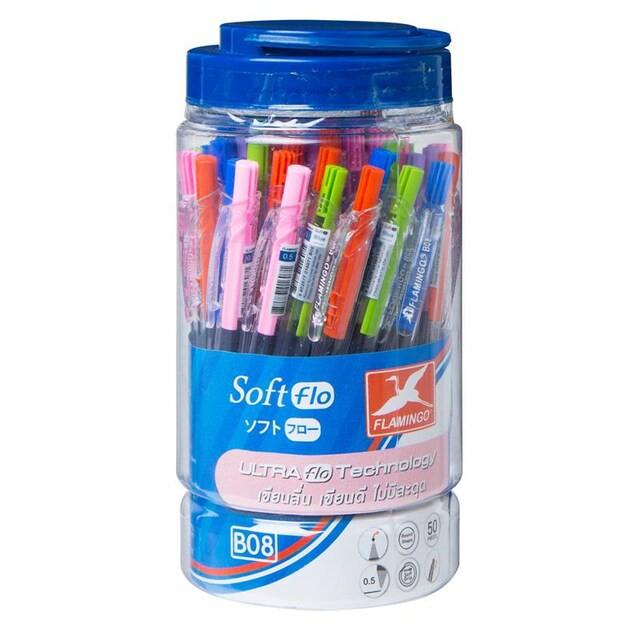 ปากกาลูกลื่น FLAMINGO B08 หมึกน้ำเงิน ขนาด 0.5 มม. (แพ็ค 50 ด้าม) คละสี