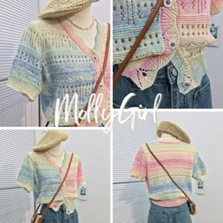 Mollygirl เสื้อยืดไหมพรม สีลูกกวาด น่ารัก พร้อมส่ง 2272#