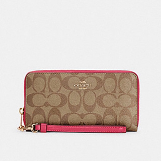 LONG ZIP AROUND WALLET IN SIGNATURE CANVAS (COACH C4452) GOLD/KHAKI/BOLD PINK